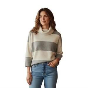 Women's Gray and Cream Striped Cowl Necked Sweater Designer Fabiana Filippi